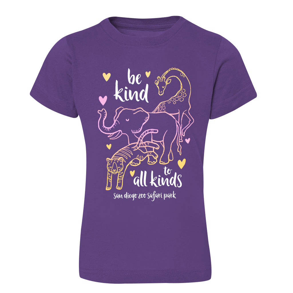 BE KIND TO ALL KINDS GIRAFFE ELEPHANT TIGER GIRLS PURPLE TEE T-SHIRT