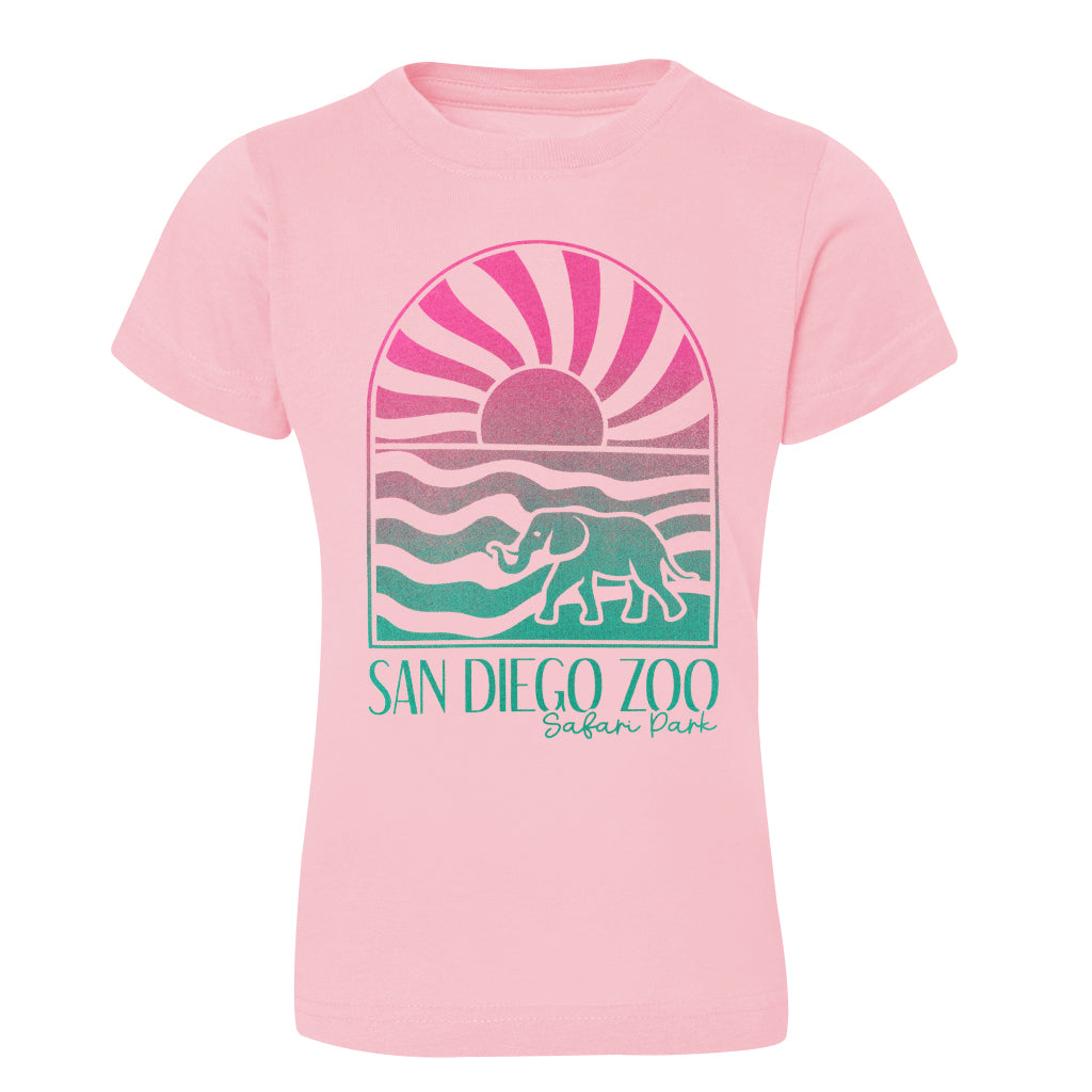 SUNSET ELEPHANT GIRLS FITTED PINK SHORT SLEEVED TEE 