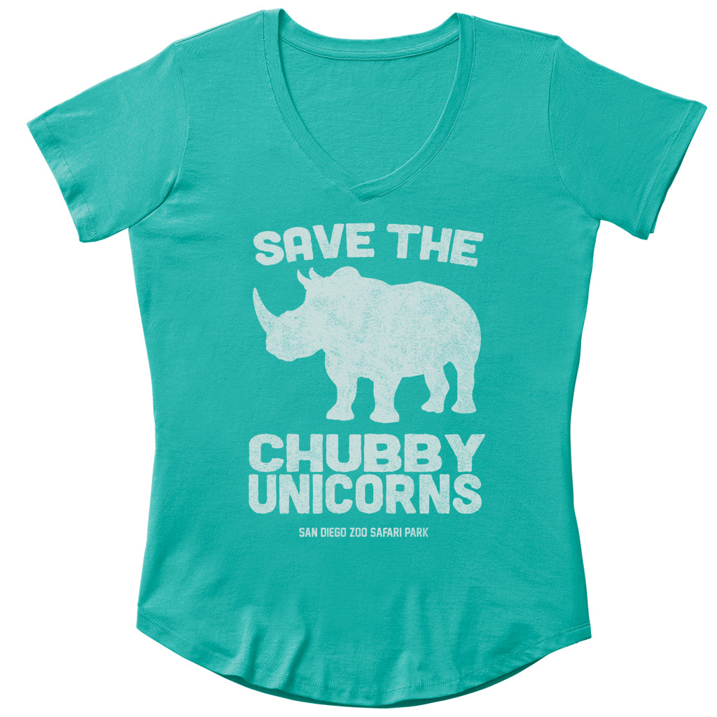 Turquoise t-shirt with a rhino graphic and text 'Save the Chubby Unicorns' on a white background ocean teal