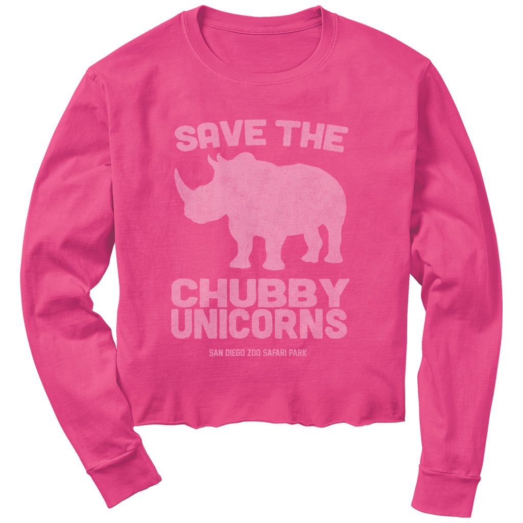 SAVE THE CHUBBY UNICORNS HOT PINK LONG SLEEVED CROPPED LADIES TEE
