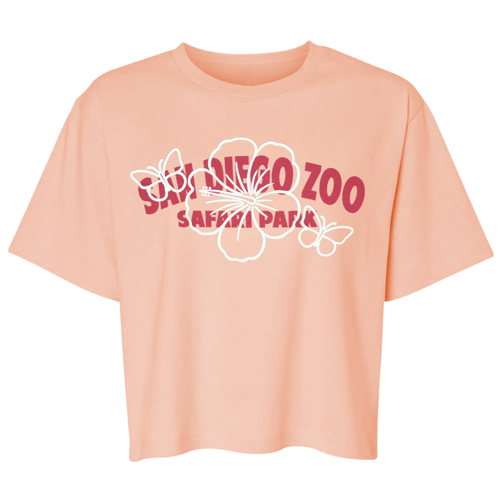 LADIES HIBISCUS AND BUTTERFLY CROP TEE IN PEACH SAN DIEGO ZOO SAFARI PARK