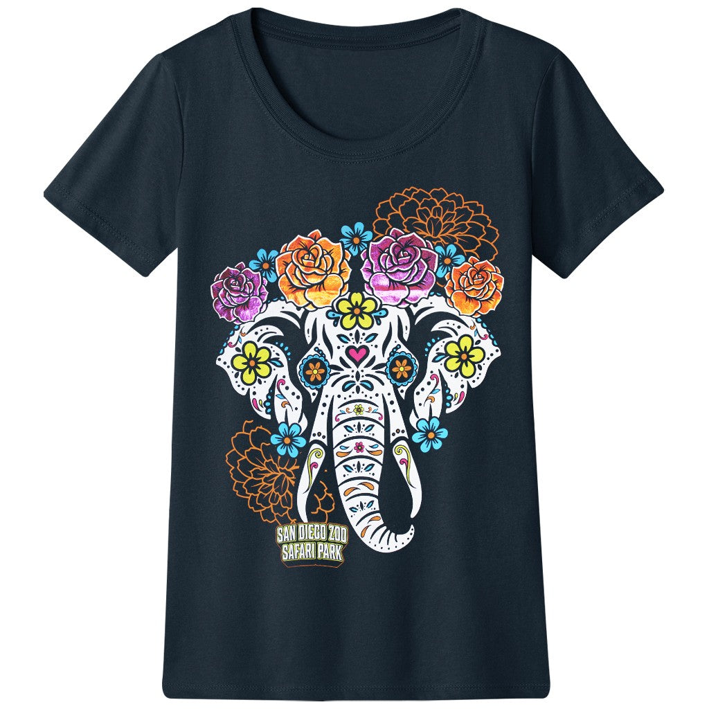 AFRICAN ELEPHANT DIA DE LOS MUERTOS SUGAR SKULL LADIES WOMENS NAVY BLUE SHORT SLEEVED TEE SAN DIEGO ZOO SAFARI PARK
