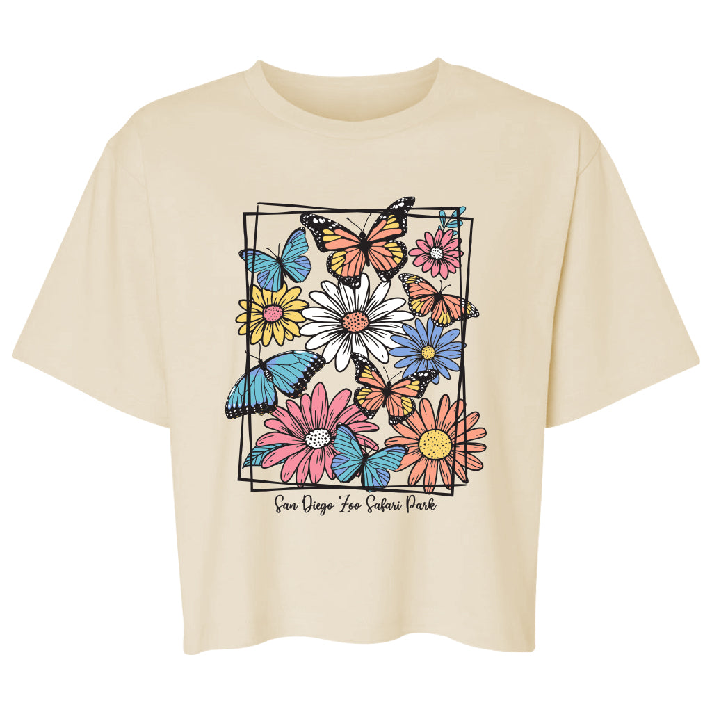 FLORAL BUTTERFLY AND DAISY BOXY CROPPED LADIES WOMENS IVORY TEE