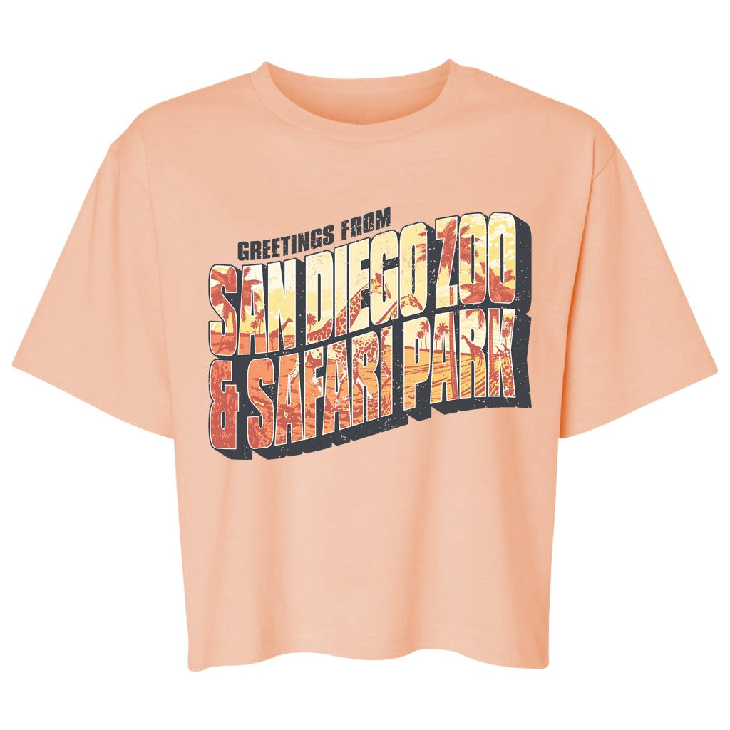 Greetings from San Diego Zoo & Safari Park ladies women's cropped peach tee t-shirt
