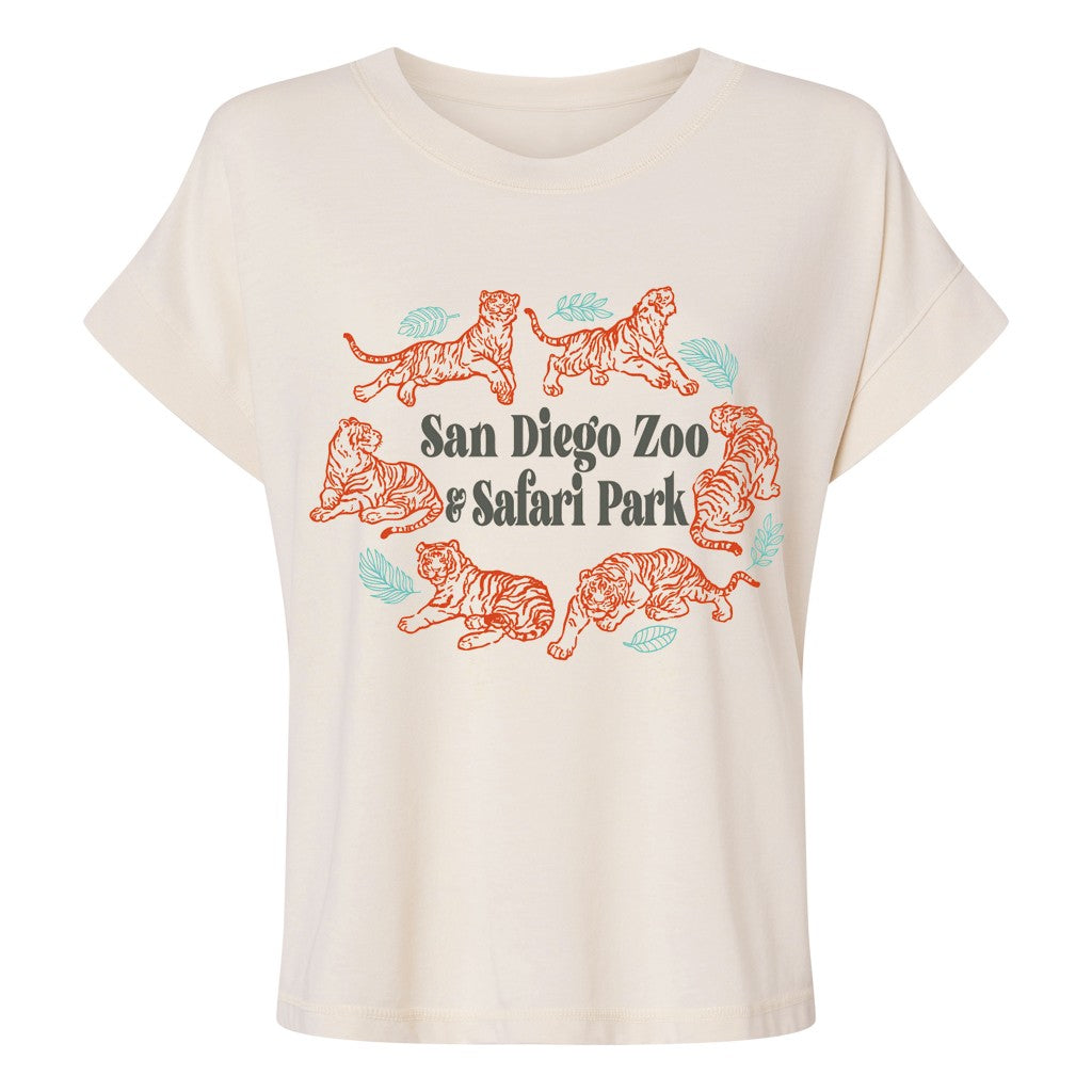 Beige t-shirt with San Diego Zoo and Safari Park graphic featuring tigers on a cream background short sleeved boxy relaxed fit women't tee 