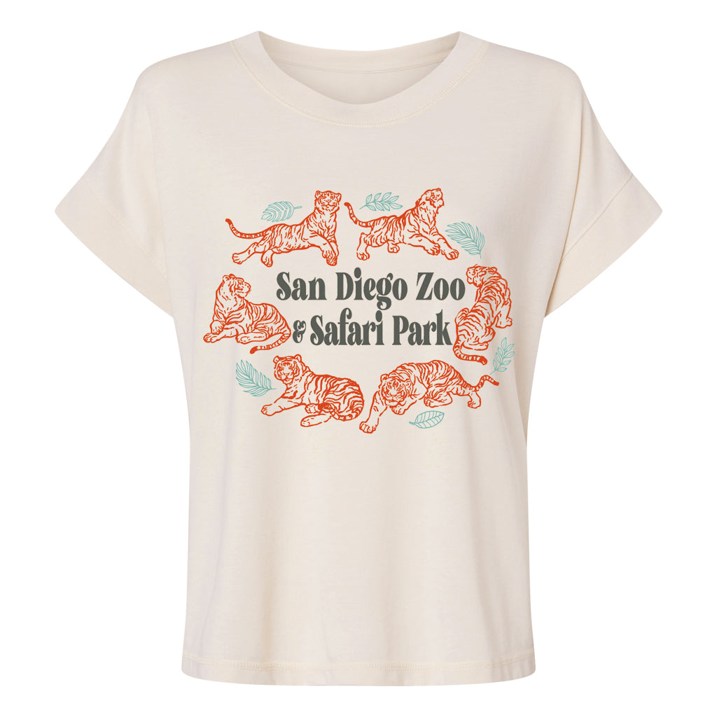 Beige t-shirt with San Diego Zoo and Safari Park graphic featuring tigers on a cream background short sleeved boxy relaxed fit women's tee 