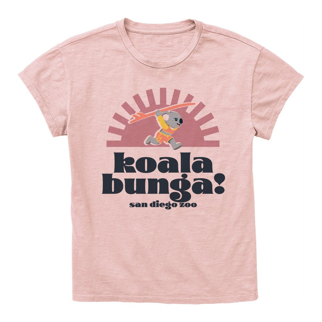 LADIES WOMENS KOALABUNGA SURFING KOALA COTTON SLUB TEE IN BLUSH PINK SAN DIEGO ZOO
