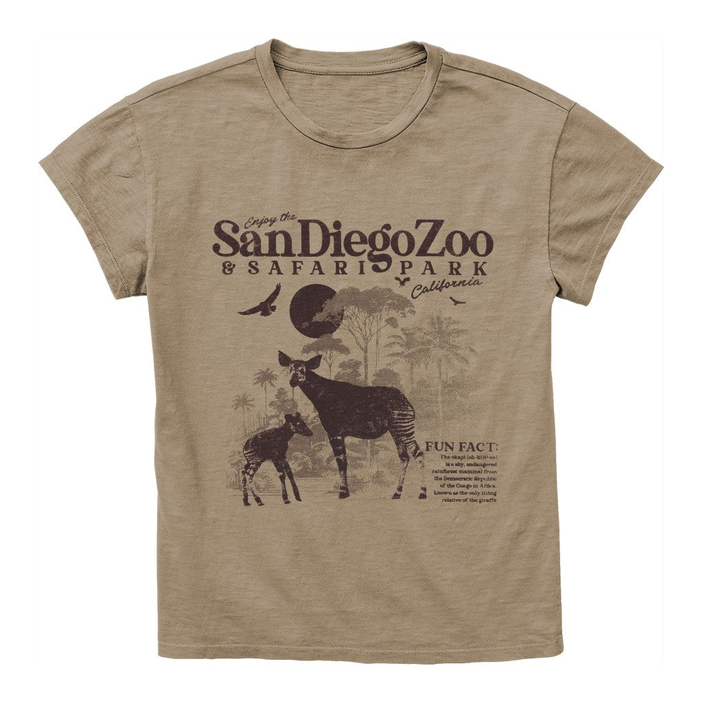 SAN DIEGO ZOO & SAFARI PARK OKAPI ALMANAC LADIES COTTON SLUB TEE WITH FUN FACT MOM AND CALF