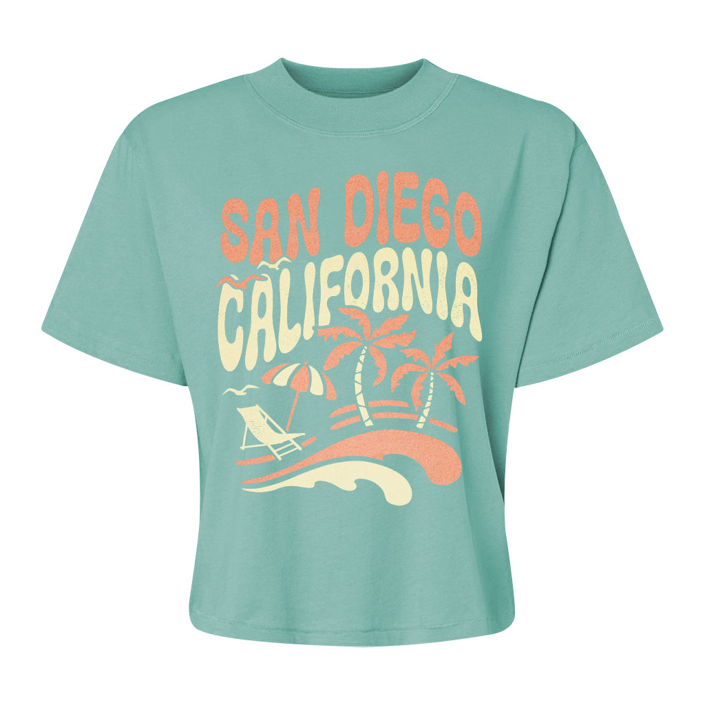 LADIES SAN DIEGO CALIFORNIA OVERSIZED BOXY BEACH SUN SAND PALM TREES SEAFOAM GREEN TEE