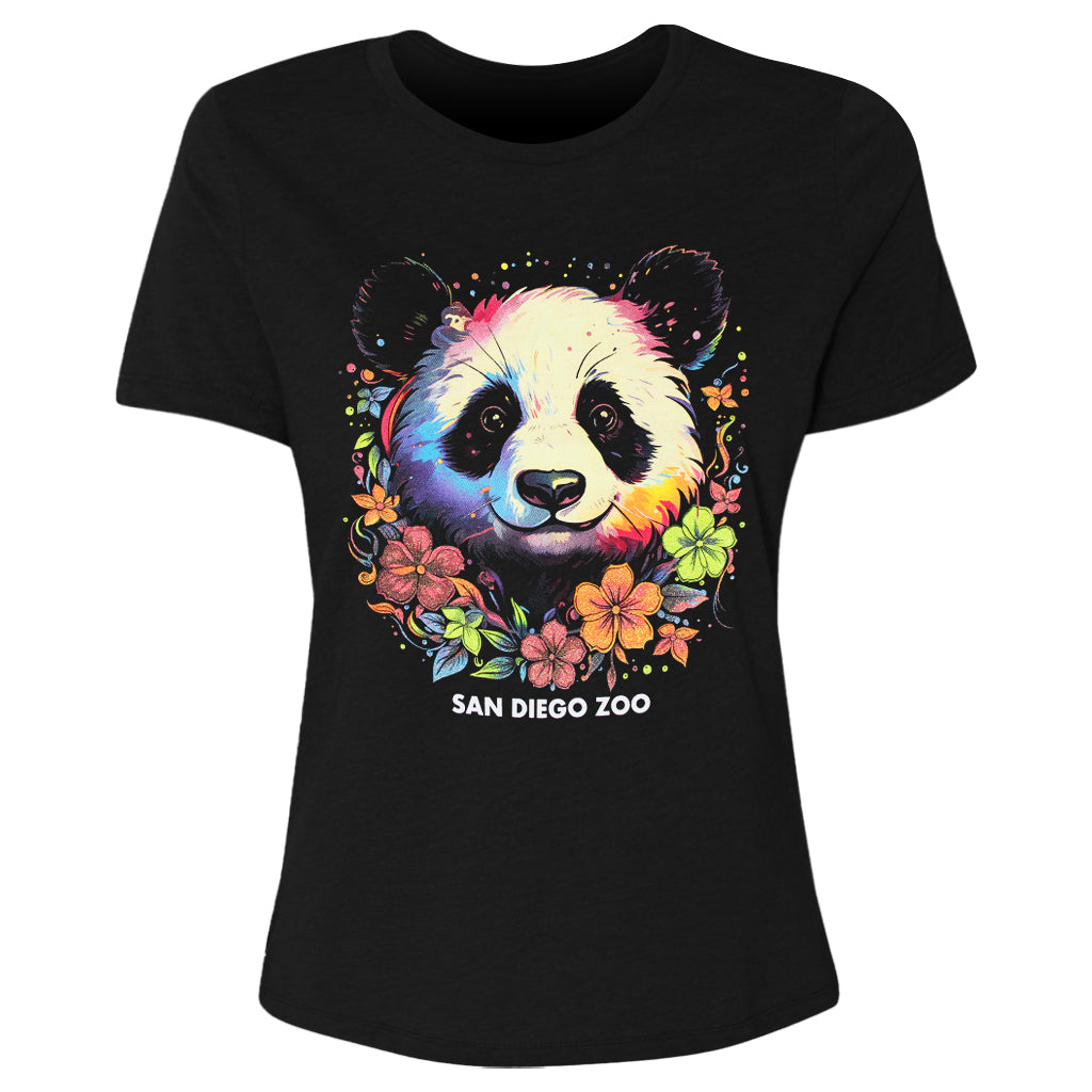 COLORFUL PANDA LADIES WOMENS FLORAL BLACK TEE T-SHIRT