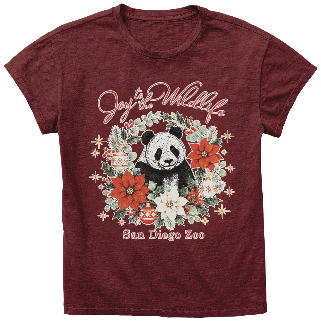 JOY TO THE WILDLIFE GIANT PANDA SAN DIEGO ZOO BURGUNDY SLUB COTTON LADIES TEE CHRISTMAS 2026 WOMENS