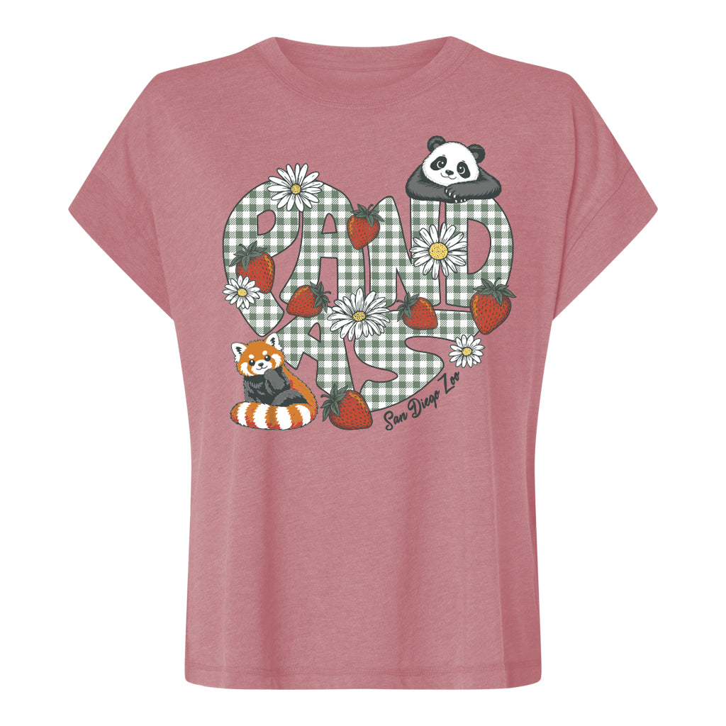 PANDA PICNIC RED PANDA AND GIANT PANDA HEART BOXY LADIES TEE SAN DIEGO ZOO STRAWBERRIES AND DAISIES
