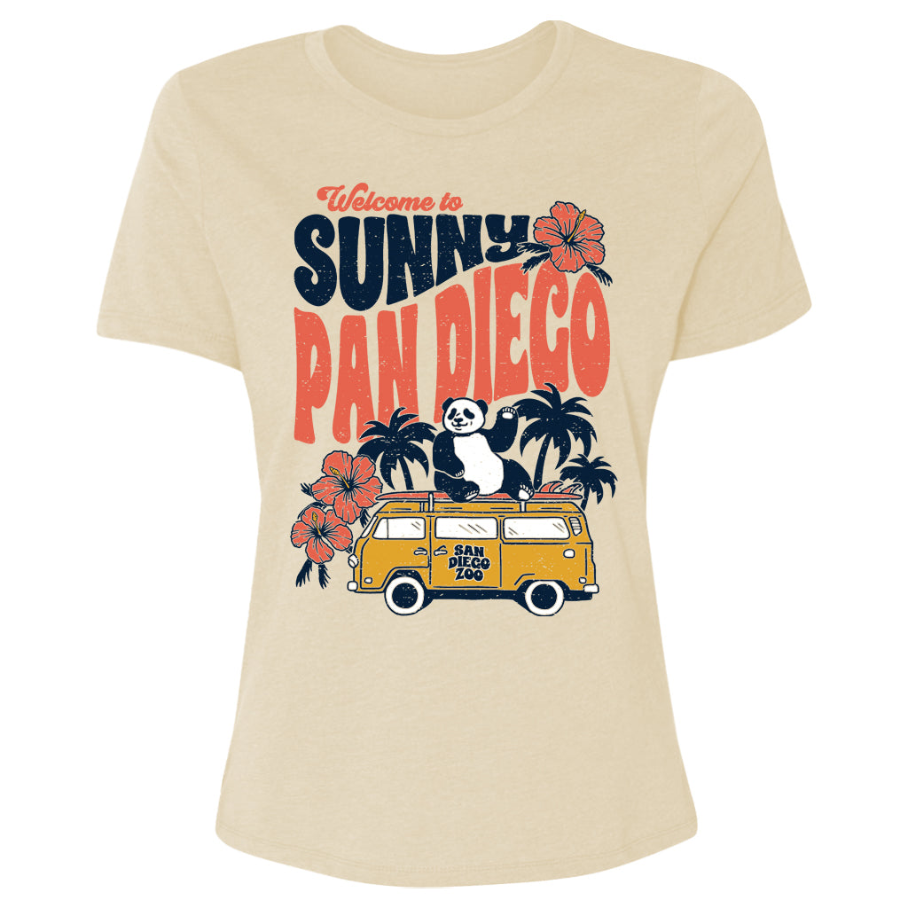 WELCOME TO SUNNY PAN DIEGO GIANT PANDA VW VAN PALMS HIBISCUS WOMENS LADIES TEE SOFT CREAM