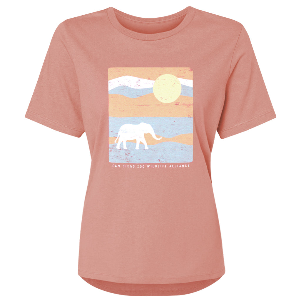 Elephant Safari Sunset Ladies Tee Coral Pink Drop Tail Hem T-Shirt