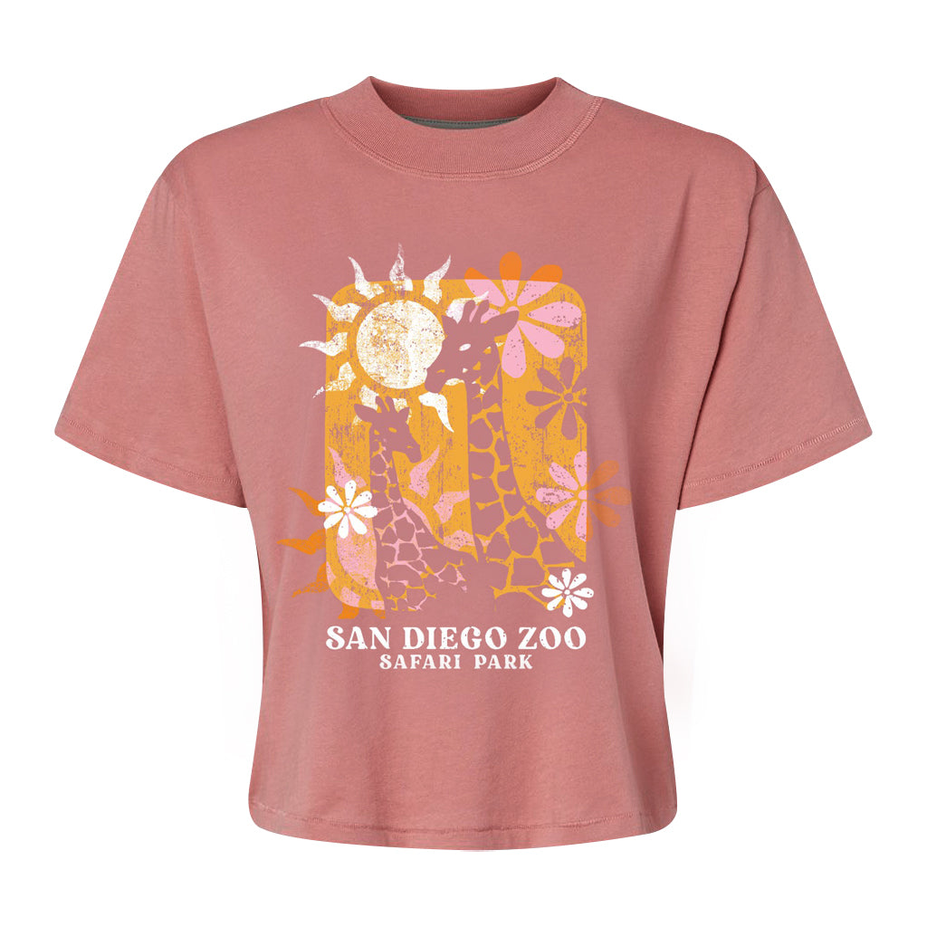 GIRAFFE FLORAL SUN BOUQUE CROP BOXY LADIES WOMENS TEE MAUVE PINK 