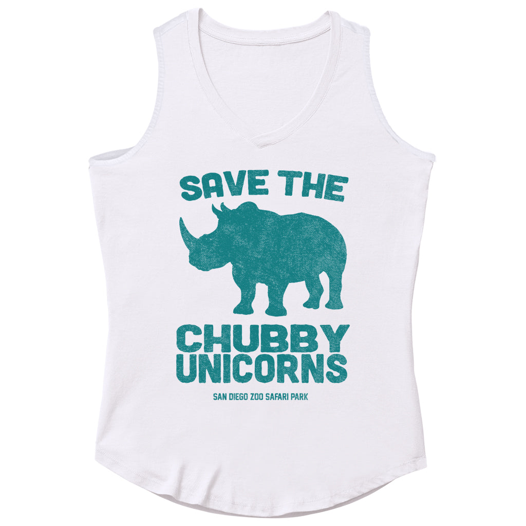 Save the Chubby Unicorns Ladies V-Tank White Tank Top Rhino Conservation Design in Teal Blue