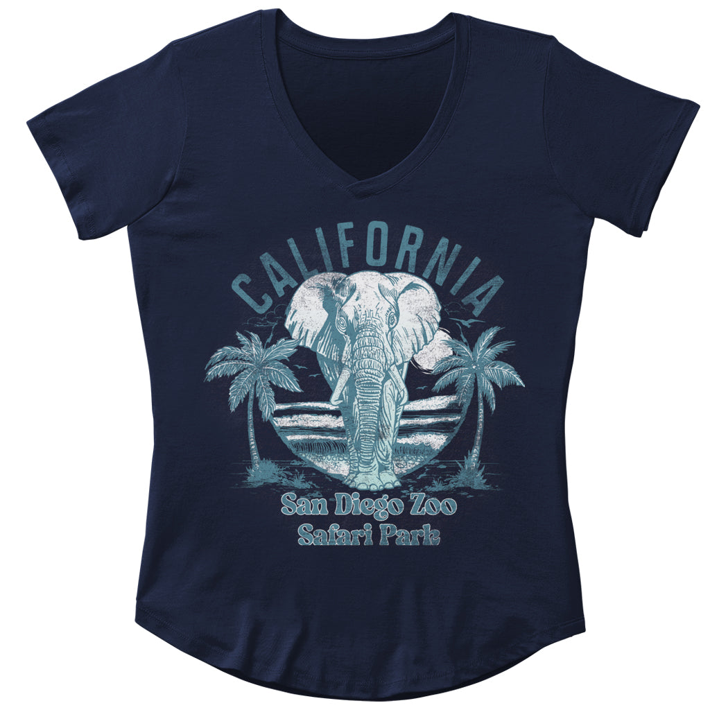 CALIFORNIA SAFARI ELEPHANT LADIES V-NECK NAVY TEE T-SHIRT