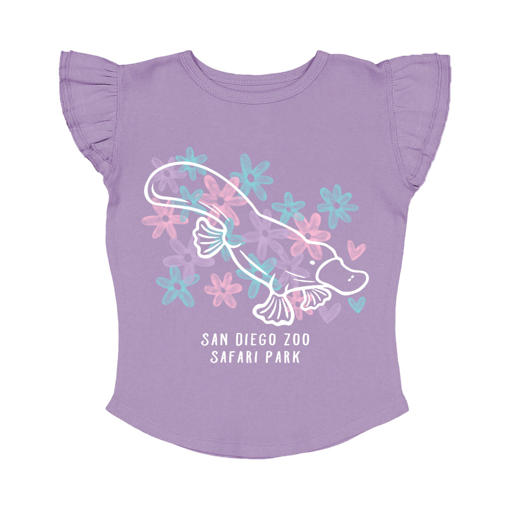A lavender purple toddler t-shirt with ruffled cap sleeves, featuring a white line art illustration of a platypus surrounded by pink and teal flowers, with the text 'SAN DIEGO ZOO SAFARI PARK' printed below.