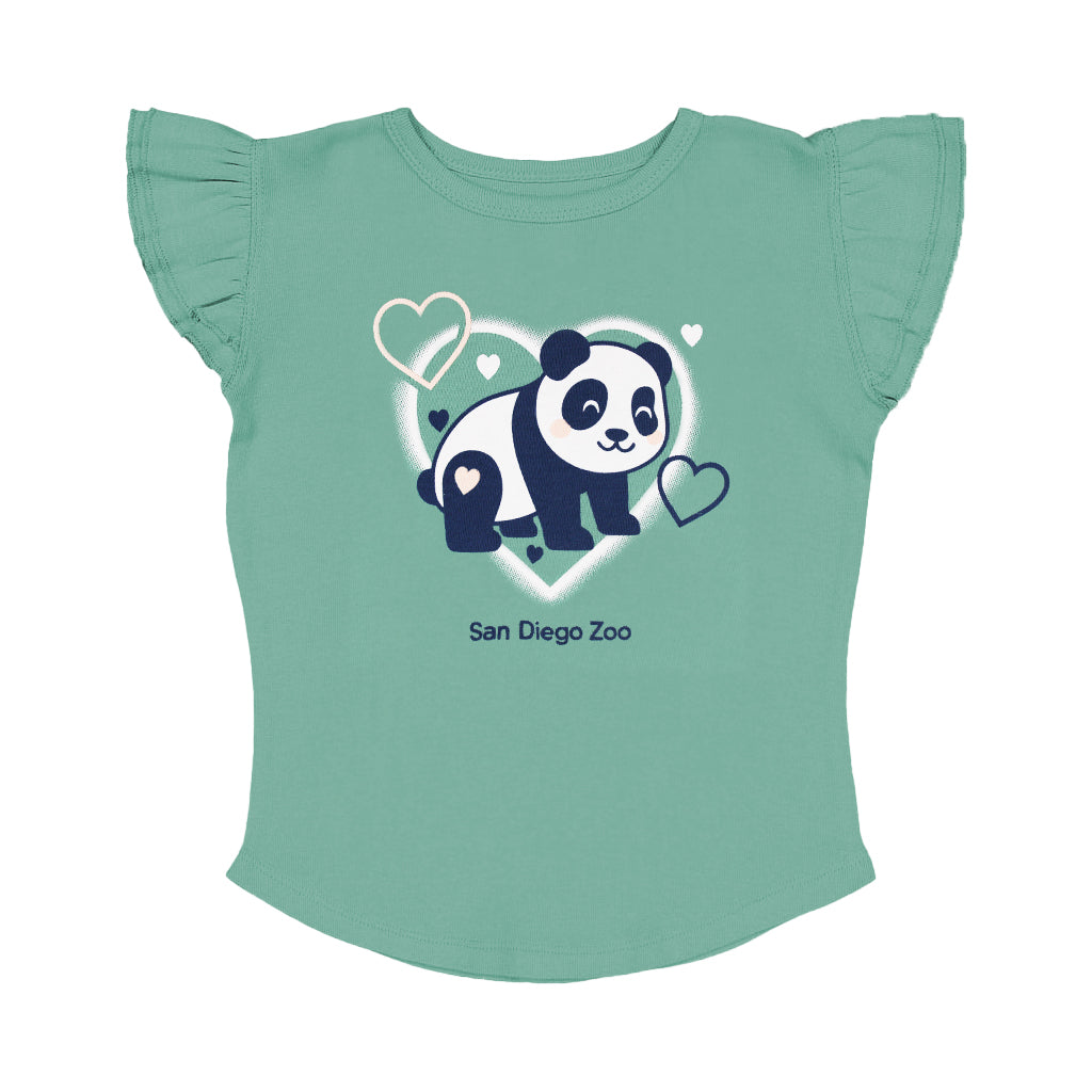 SAN DIEGO ZOO PANDA HEARTS AQUA GREEN TODDLER TEE WITH FLUTTER SLEEVES