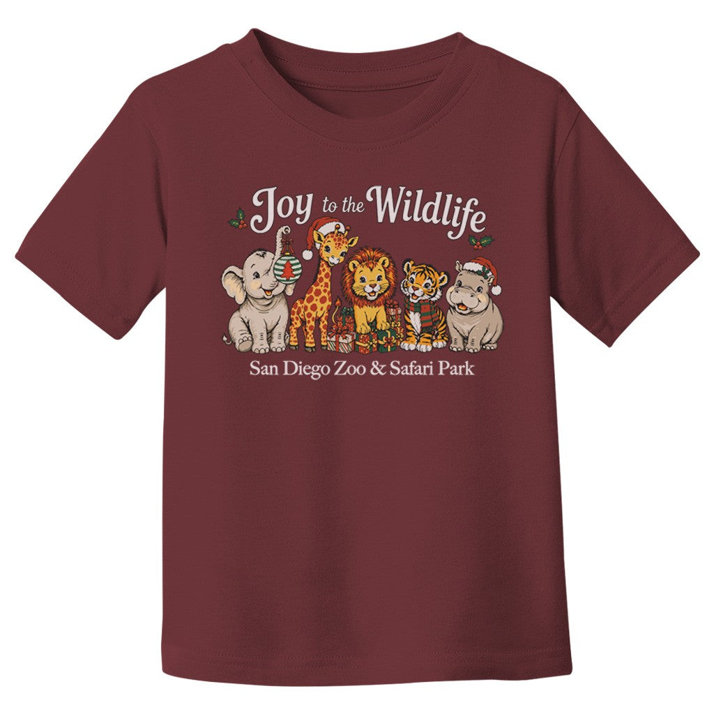 SAN DIEGO ZOO & SAFARI PARK MAROON SHORT SLEEVED TEE WITH ELEPHANT, GIRAFFE, LION, TIGER , HIPPO WITH SANTA HATS, CHRISTMAS ORNAMENTS ETC.