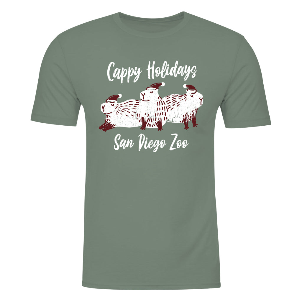 CAPPY HOLIDAYS CAPYBARA TRIO WITH SANTA HATS MENS UNISEX SAGE GREEN CREW TEE