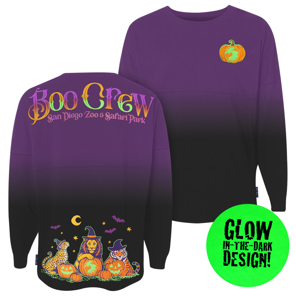 BOO CREW BIG CATS WITH WITCH HATS SPIRIT JERSEY HALLOWEEN PUMPKINS GLOW IN THE DARK PURPLE TO BLACK DIP DYE SDZWA 