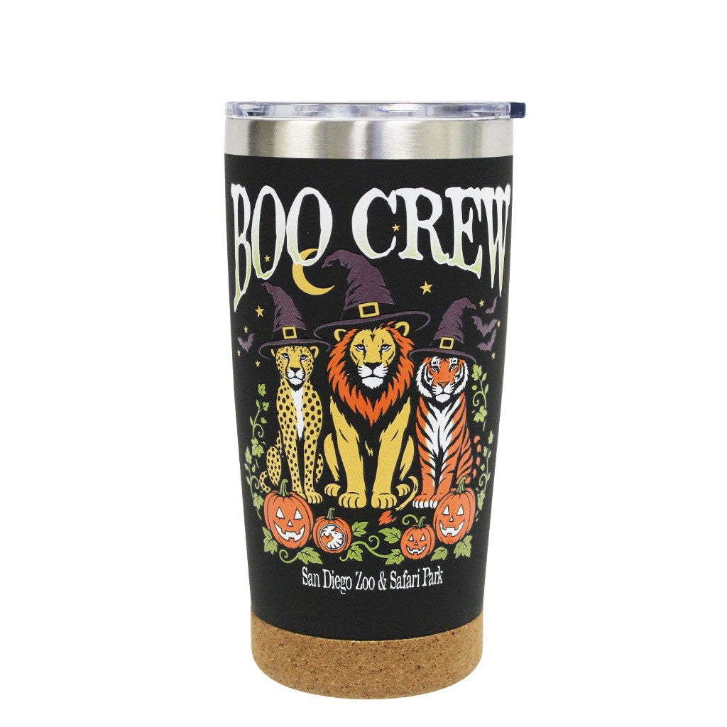 CORK BOTTOM COFFEE TUMBLER WITH BOO CREW BIG CATS HALLOWEEN ART PUMPKINS SAN DIEGO ZOO & SAFARI PARK CHEETAH LION TIGER