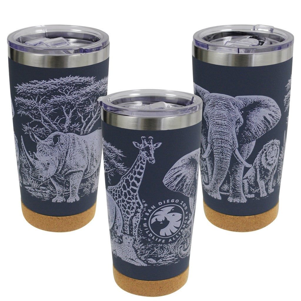 FAVE 5 CORK BOTTOM TUMBLER SDZWA LOGO GIRAFFE RHINO AFRICAN ELEPHANT LION CHEETAH COFFEE INDIGO BLUE MATTE FINISH SAN DIEGO ZOO WILDLIFE ALLIANCE