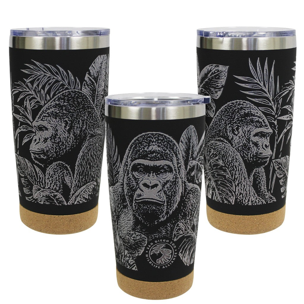FINE LINES GORILLA CORK BOTTOM COFFEE TUMBLER SDZWA LOGO SAN DIEGO ZOO WILDLIFE ALLIANCE