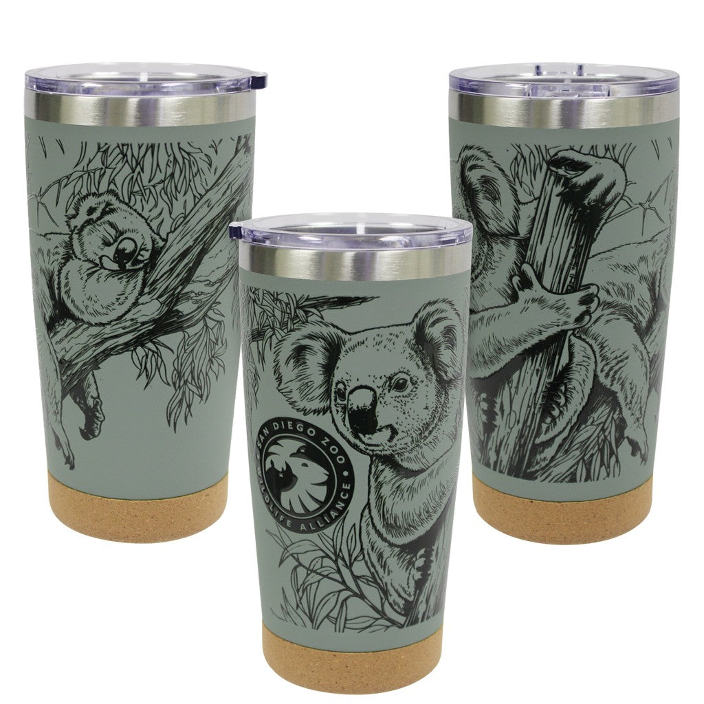 CORK BOTTOM FINE LINE KOALA COFFEE TUMBLER SAN DIEGO ZOO WILDLIFE ALLIANCE SDZWA 