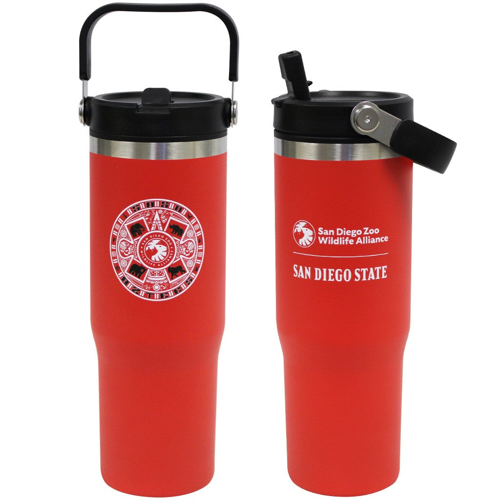 RED AZTEC CALENDAR SDZWA + SDSU COLLABORATION WATER BOTTLE WITH FLIP TOP STRAW AND HANDLE 