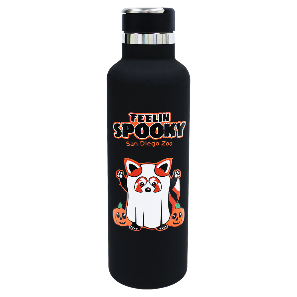 Black water bottle with 'Feelin' Spooky' design featuring a cartoon ghost and pumpkins, San Diego Zoo branding.