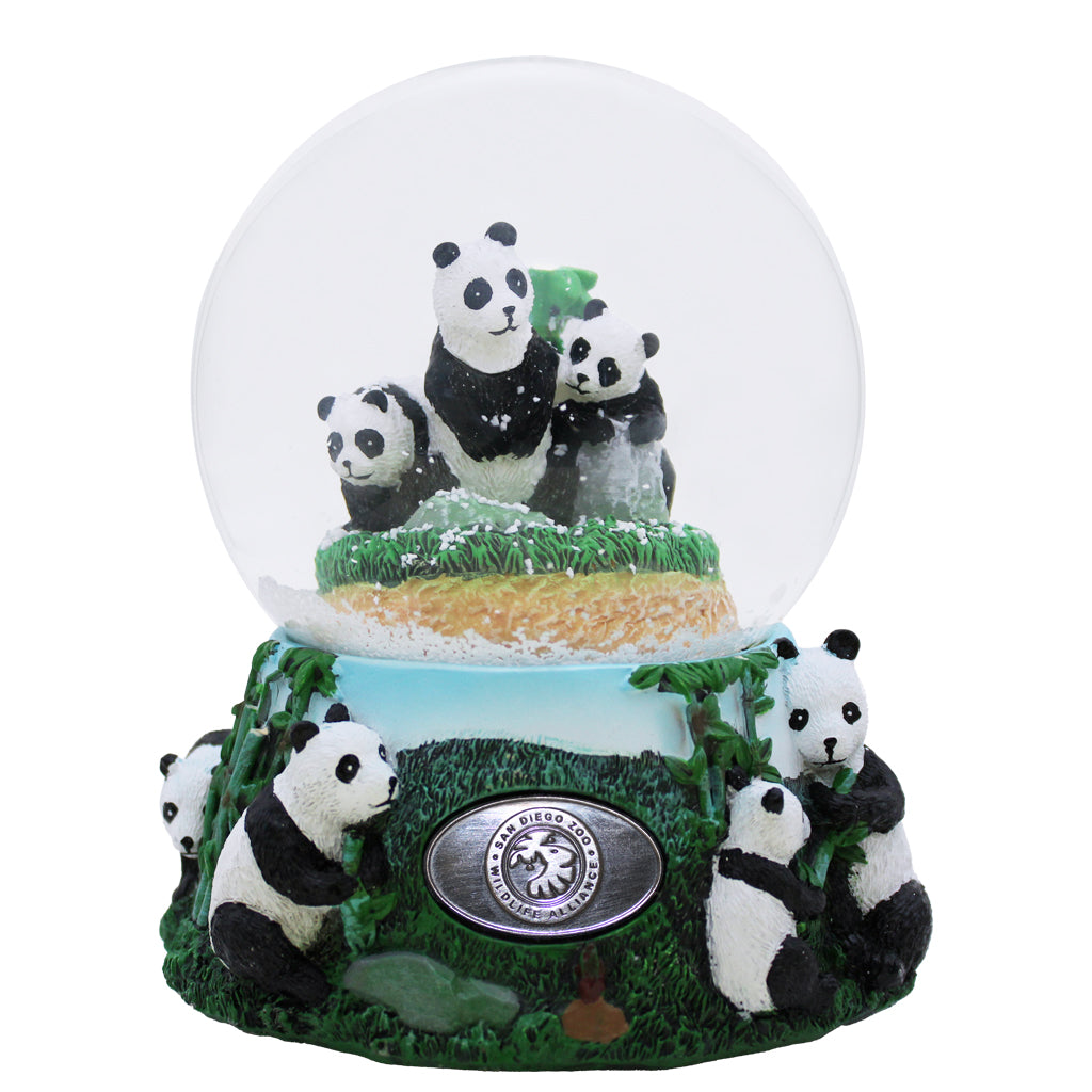Musical Panda Snow Globe with trio of giant pandas in the middle and decorative giant pandas and lush bamboo around the base. 