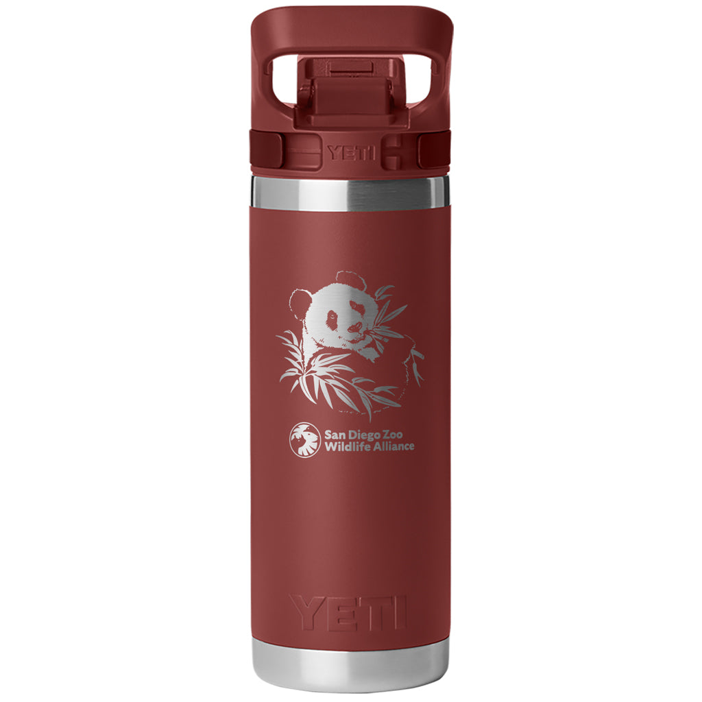 ETCHED GIANT PANDA YETI 18OZ RAMBLER BOTTLE WITH FLIP CHUG CAP IN STAG RED SAN DIEGO ZOO WILDLIFE ALLIANCE LOGO SDZWA