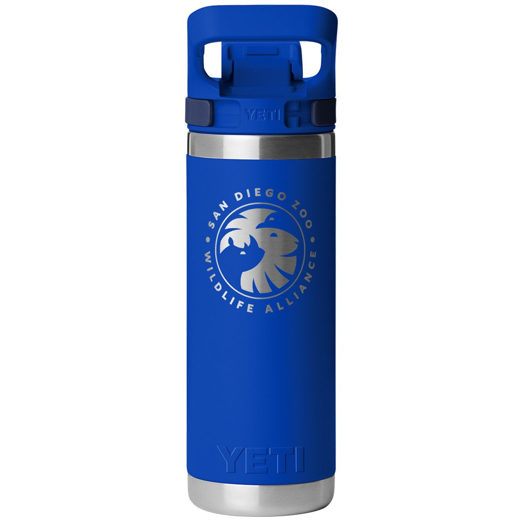 ROYAL BLUE YETI RAMBLER BOTTLE WITH FLIP CHUG CAP SAN DIEGO ZOO WILDLIFE ALLIANCE LOGO RHINO LION BIRD 18OZ