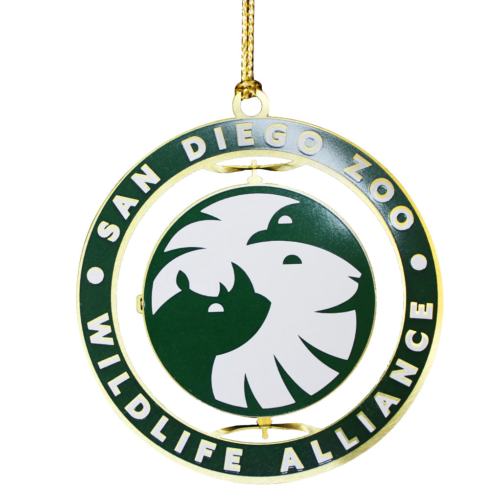 CHRISTMAS ORNAMENT SAN DIEGO ZOO WILDLIFE ALLIANCE LOGO GOLD GREEN SPINNING 