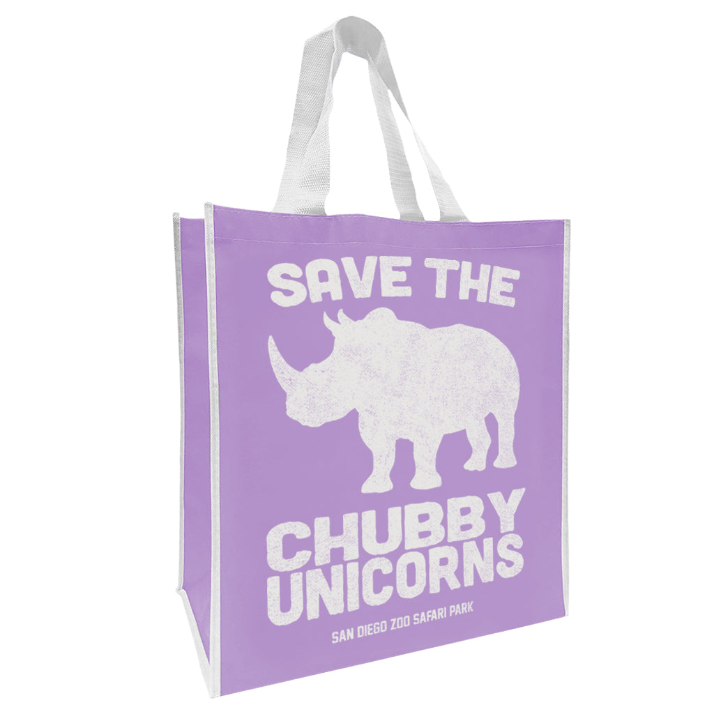save the chubby unicorns shopping tote lavender purple rhinos