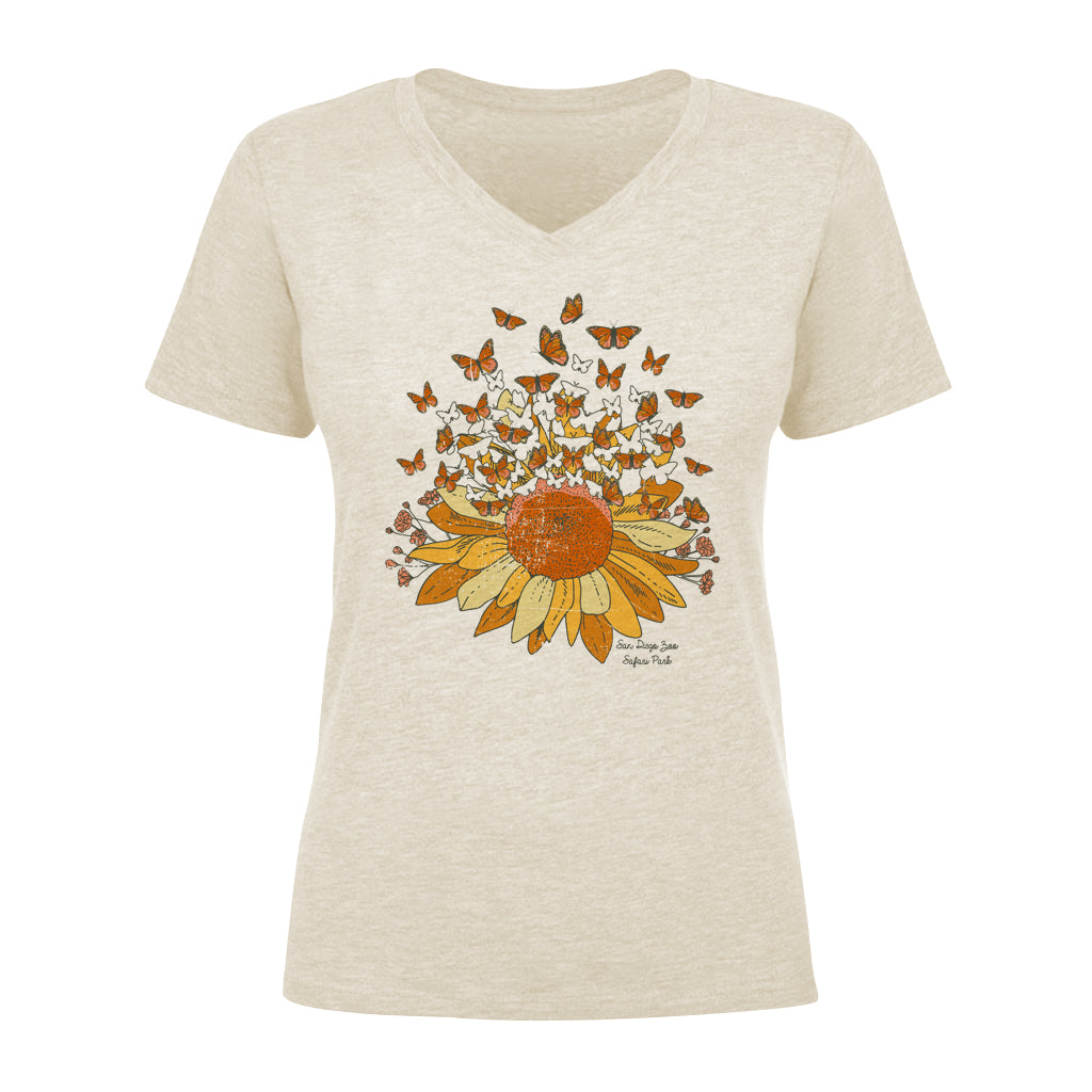 LADIES BUTTERFLY BLOOM VNECK T-SHIRT NATURAL HEATHER